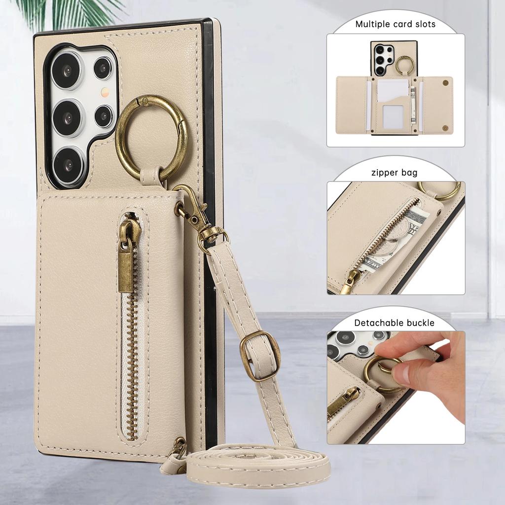 Crossbody Zipper Cards Holder Wallet Leather Case For Samsung Galaxy S24 Ultra FE S25 S23 FE S22 Plus A55 A15 A16 A35 Ring Cover