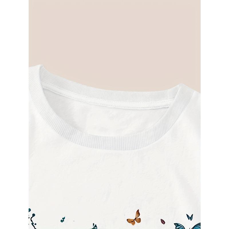 European Size Women'S Casual Short Sleeve T-Shirt with Vibrant Butterfly & Floral Print, Round Neck, Spring/Summer Top, Floral Graphic Shirt