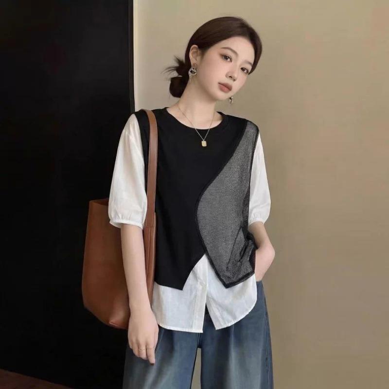 

Women s Fake Two-piece T-shirt Round Neck Contrasting Color Splicing Ladies T-shirts Summer Casual Woman Pullover Short Sleeved Top M