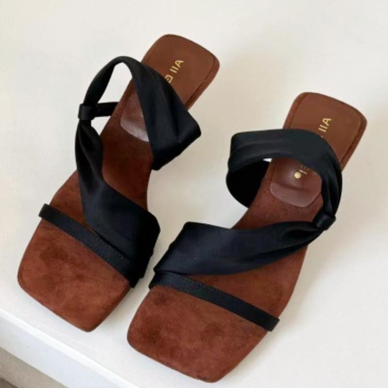 Fashion Elegant Square Toe Narrow Band Designer Brand Sandal Women Fashion Shallow Wedges Sandal Women Concise Comfortable Slide Sandal