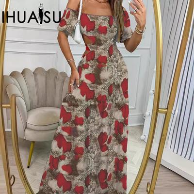 Summer Women's Print Line Neck Elastic Waist Long Skirt Holiday Dress