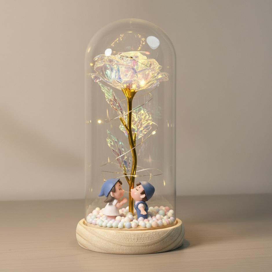 Couple Simulation Rose Eternal Flower Ornament Glass Cover Mother's Day Qixi Festival Valentine's Day Gift Night Light