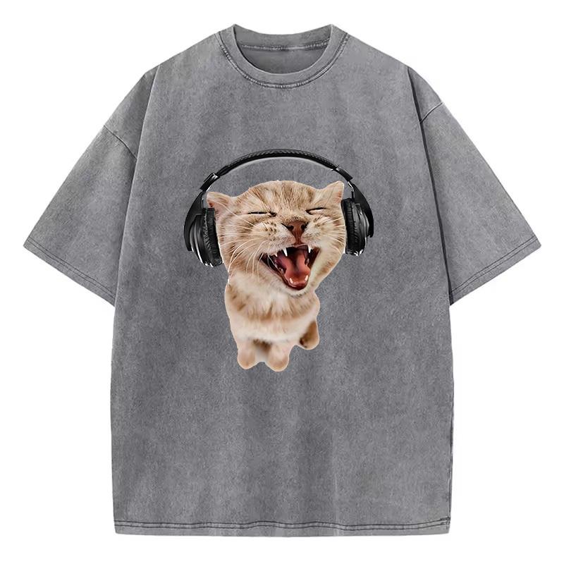Retro Gewaschenes Baumwoll-T-Shirt Musik Katze Vintage Top Tee Lässige Streetwear Herren Damen Unisex T-Shirt