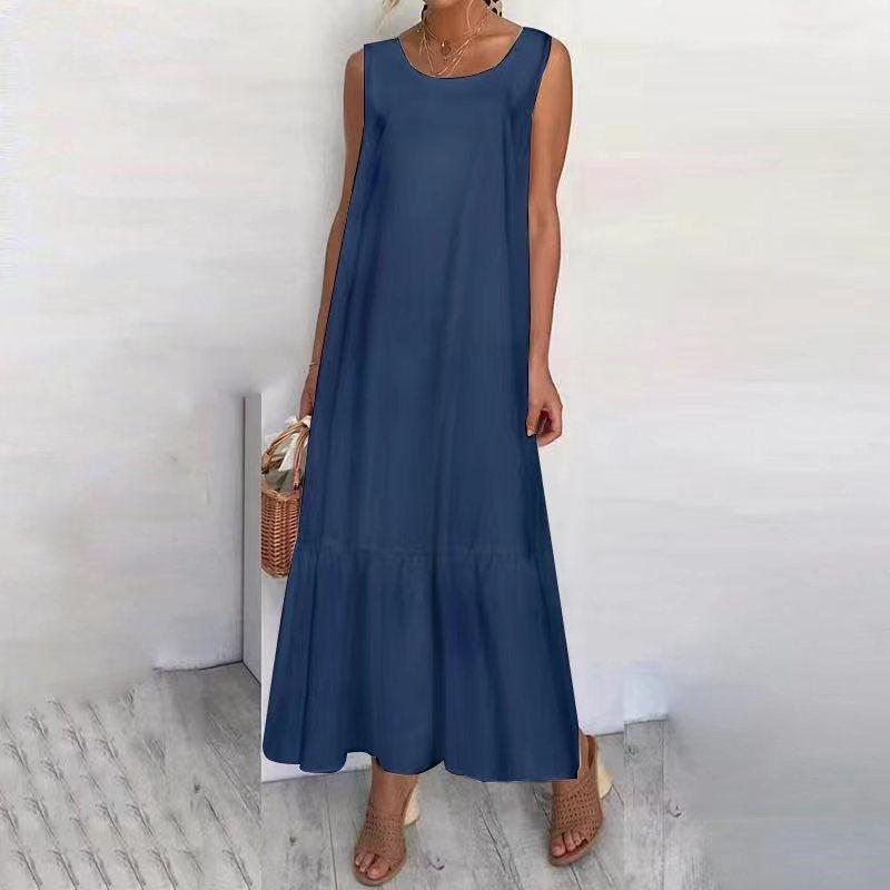 Elegancka bezrękawnikowa sukienka maxi z bawełny i lnu z lamówką dla kobiet, do noszenia na co dzień
