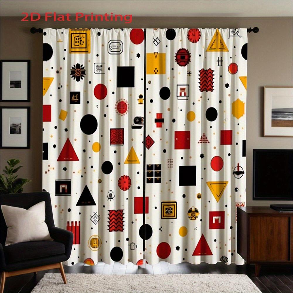 Geometric Curtains 2pcs – Red Black Yellow Abstract Shapes on White, Mid-Century Modern Decor for Living Room and Bedroom