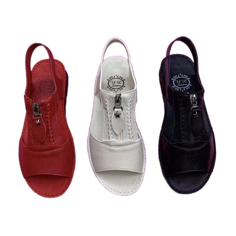 2025 summer new soft leather comfortable soft sole soft surface flat bottom women leak toe sandals casual shallow mouth middle-aged mother shoes