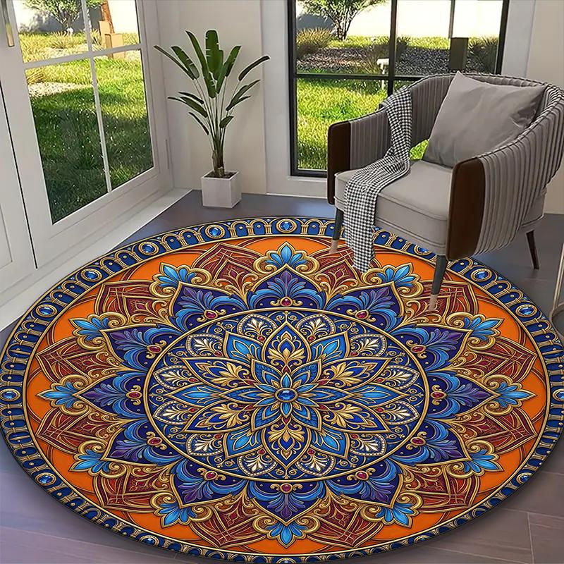 1pc Golden Teal Intricate Mandala Printed Chair Rug for Home Office Use, Living Room Kitchen Game Room Round Carpet