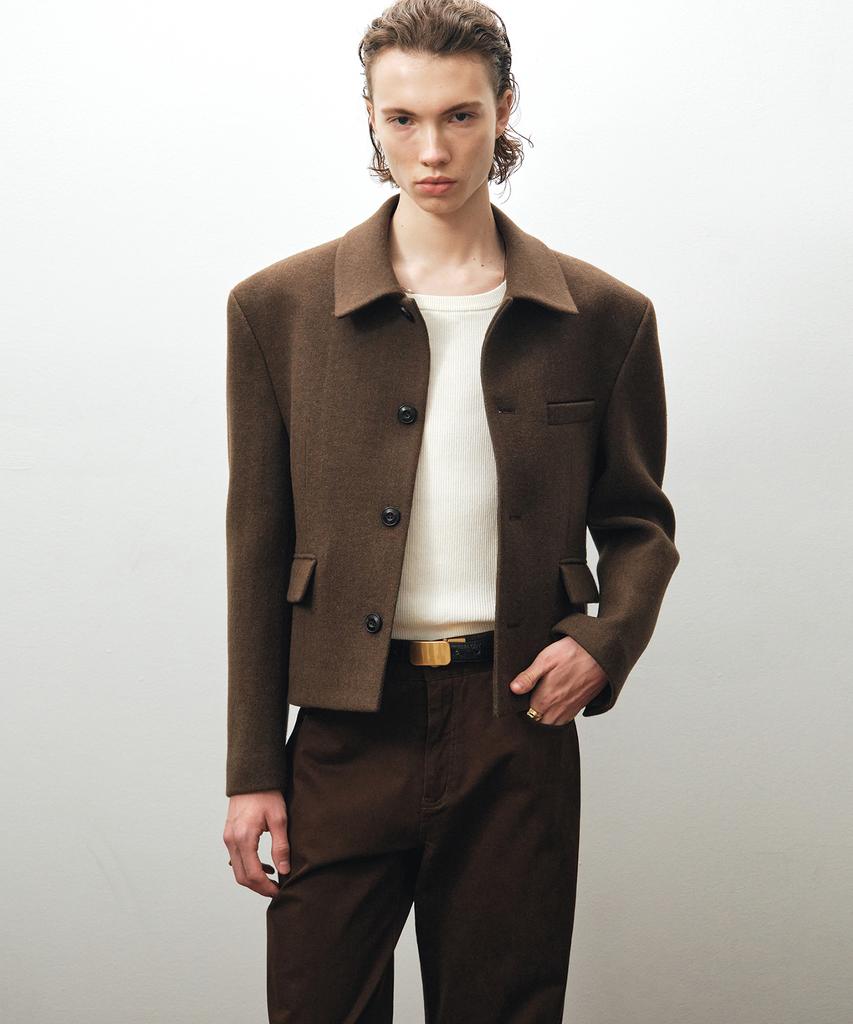 Noirer Heavy Wool Striped Crop Jacket (Brown Stripe)
