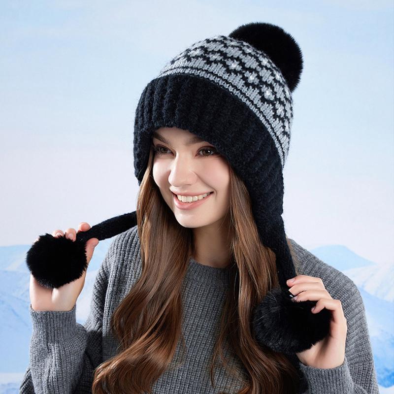 Fur Ball Ear Protection Knitted Hat Women Velvet Warm Wool Hat Big Head Cap