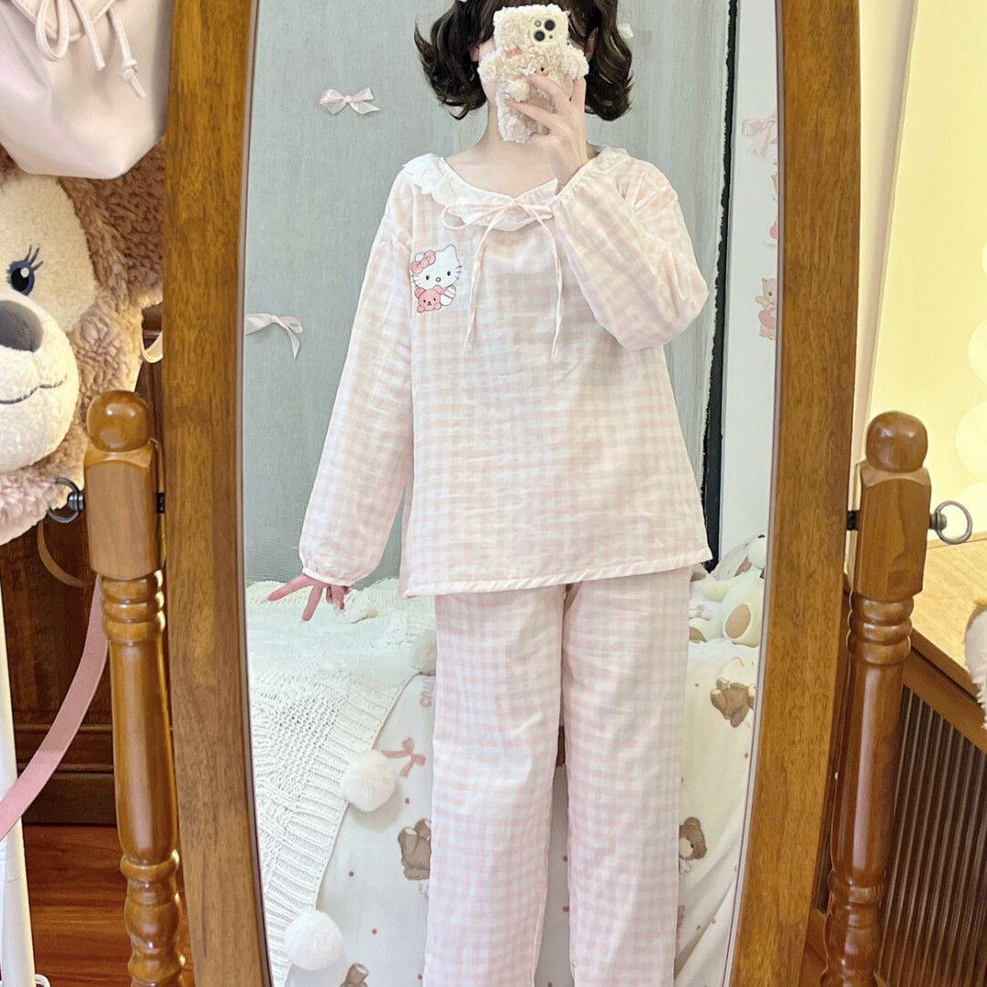 

Plaid lace hellokitty cat pajamas women s spring and autumn long-sleeved student homewear suit outer wear spot M [recommended weight 96-110]