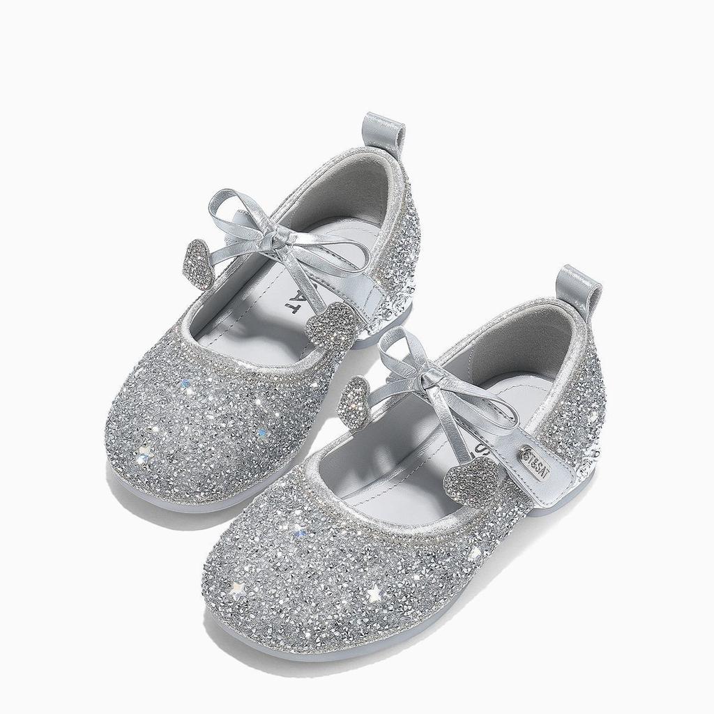 Girls Princess Shoes Children's Sparkling Shoes Autumn Soft Sole Little Girls Single Shoes Small High Heels Crystal Leather Shoes