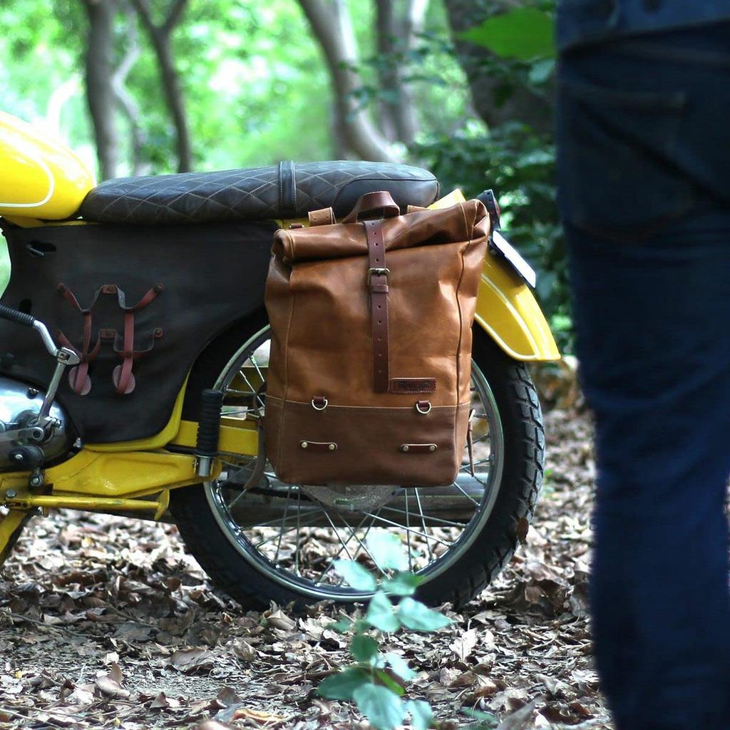 Trip Machine Backpack Pannier Classic Roll Top Motorcycle Pannier Bag Backpack - (Vintage Tan)