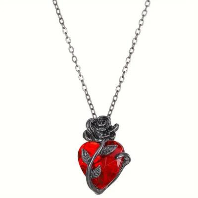 LOVE 1PC Holiday Party Anniversary Couple's Creative Necklace Men's and Women's Banquet Jewelry Rose Pendant Heart-shaped Red Gift