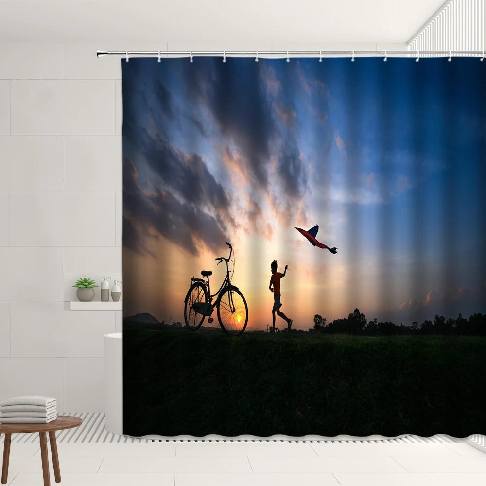 Natural Scenery Shower Curtain Set Mirror Lake Forest Grassland Mountain Kid Flying A Kite Home Bathroom Decor Hanging Curtains