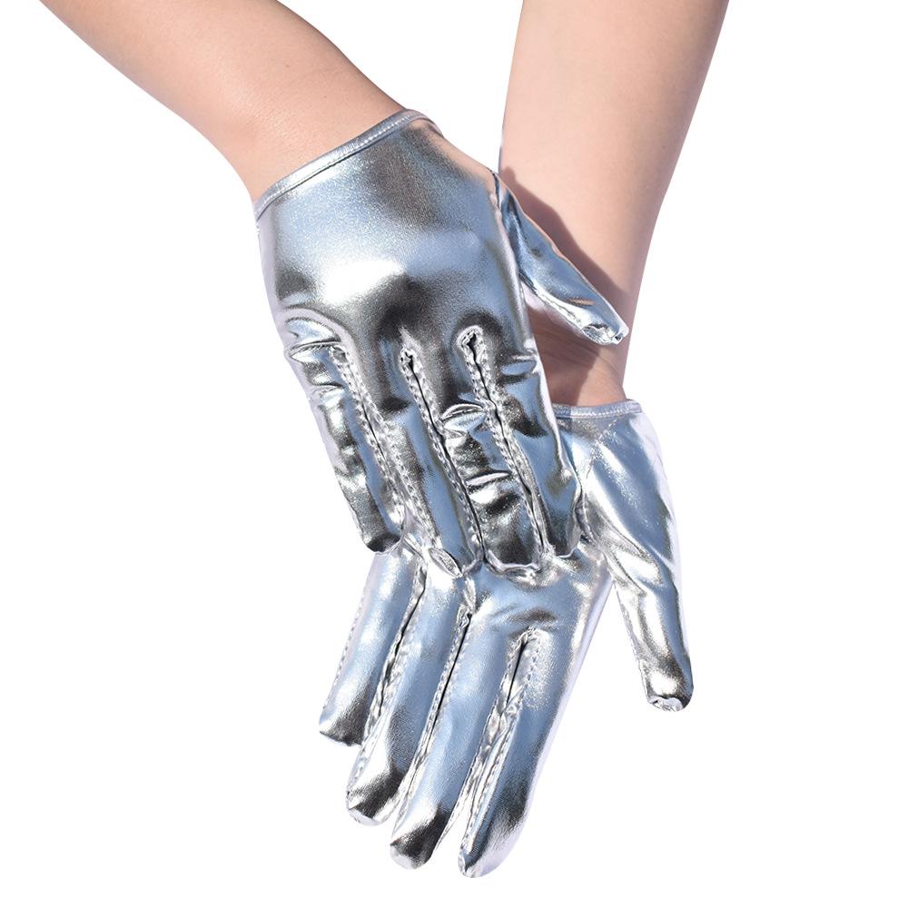 Futuristic Silver Patent Leather Half-Palm Gloves for Stage Performance and Cyberpunk Nightclub Dancing