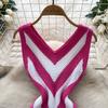 Summer Women Casual V-neck Sleeveless Knitted Tassel Striped Sweater Slim Bodycon Mini Short Sheath Dresses