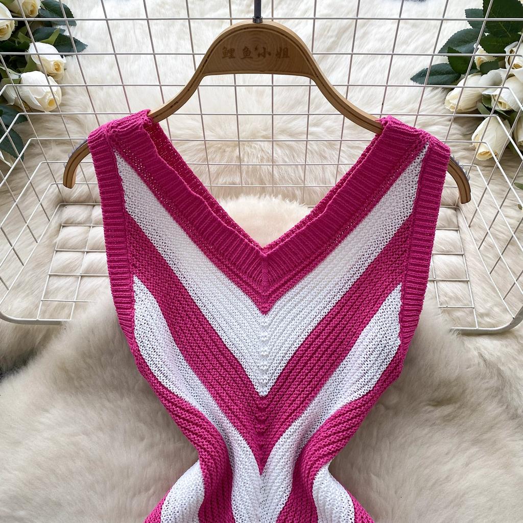 Summer Women Casual V-neck Sleeveless Knitted Tassel Striped Sweater Slim Bodycon Mini Short Sheath Dresses