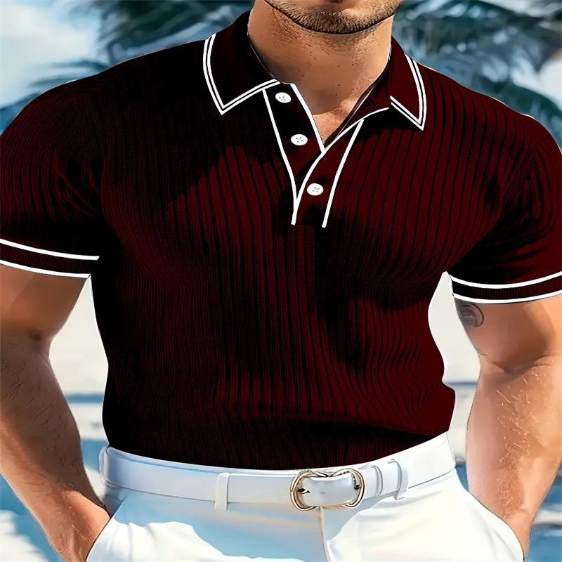 Men's Korean-Style Casual Loose Striped Polo Shirt Solid Color Button Short-Sleeve Pullover Top