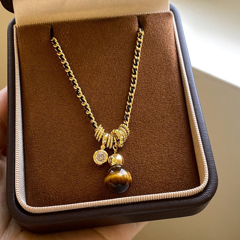18k real gold electroplated tiger's eye stone gourd necklace new Chinese temperament sweater chain necklace