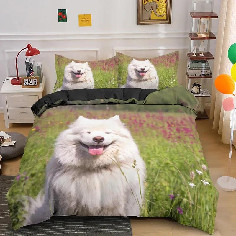 Samojedhund Påslakan King Queen Size Härligt Leende Husdjur Valp Sängkläder Set Vuxna Kvinnor Söt Vit Djur Polyester Täcke