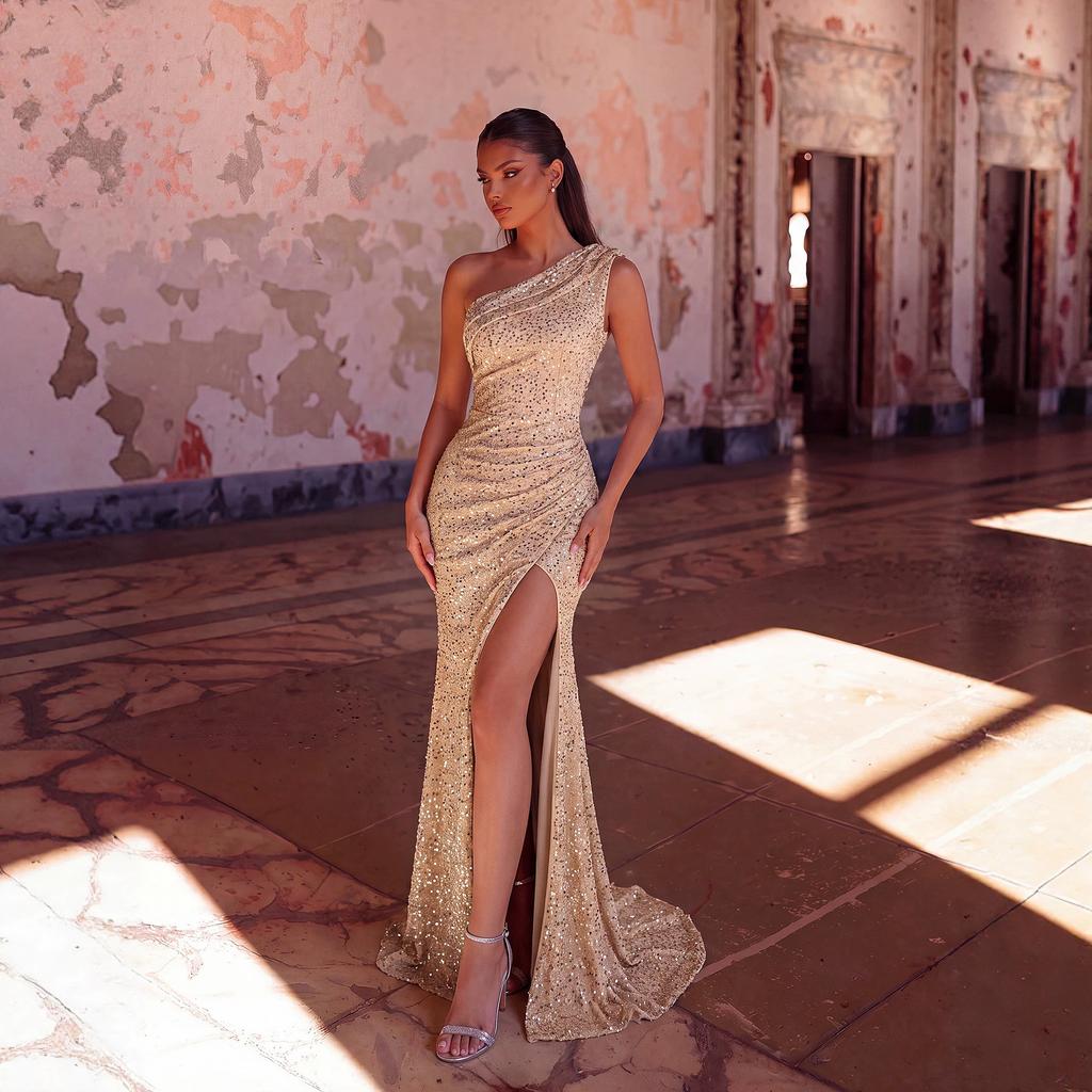 European and American Champagne Sequins One Shoulder Evening Dress Light Luxury Celebrity Banquet Dress