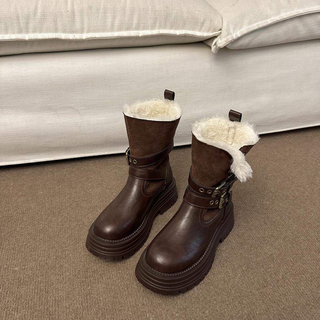 Thick-soled snow boots women's 2025 new Korean version of velvet warm Martin boots belt buckle fashionable and comfortable two-wear cotton boots