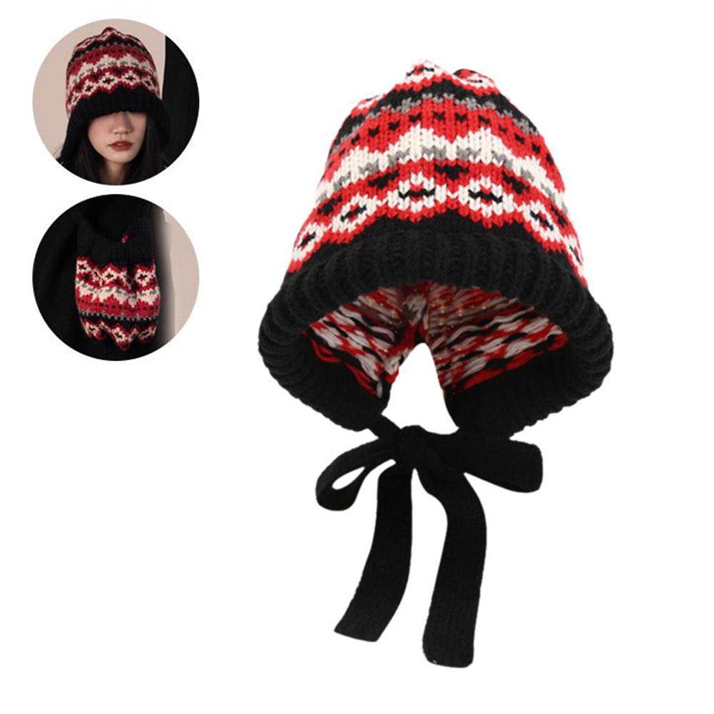 

Warm Knitted Beanie Hat Winter Cap for Women Men Ethnic Retro Striped Ear Flap Design Thick Cold Weather Accessory One size
