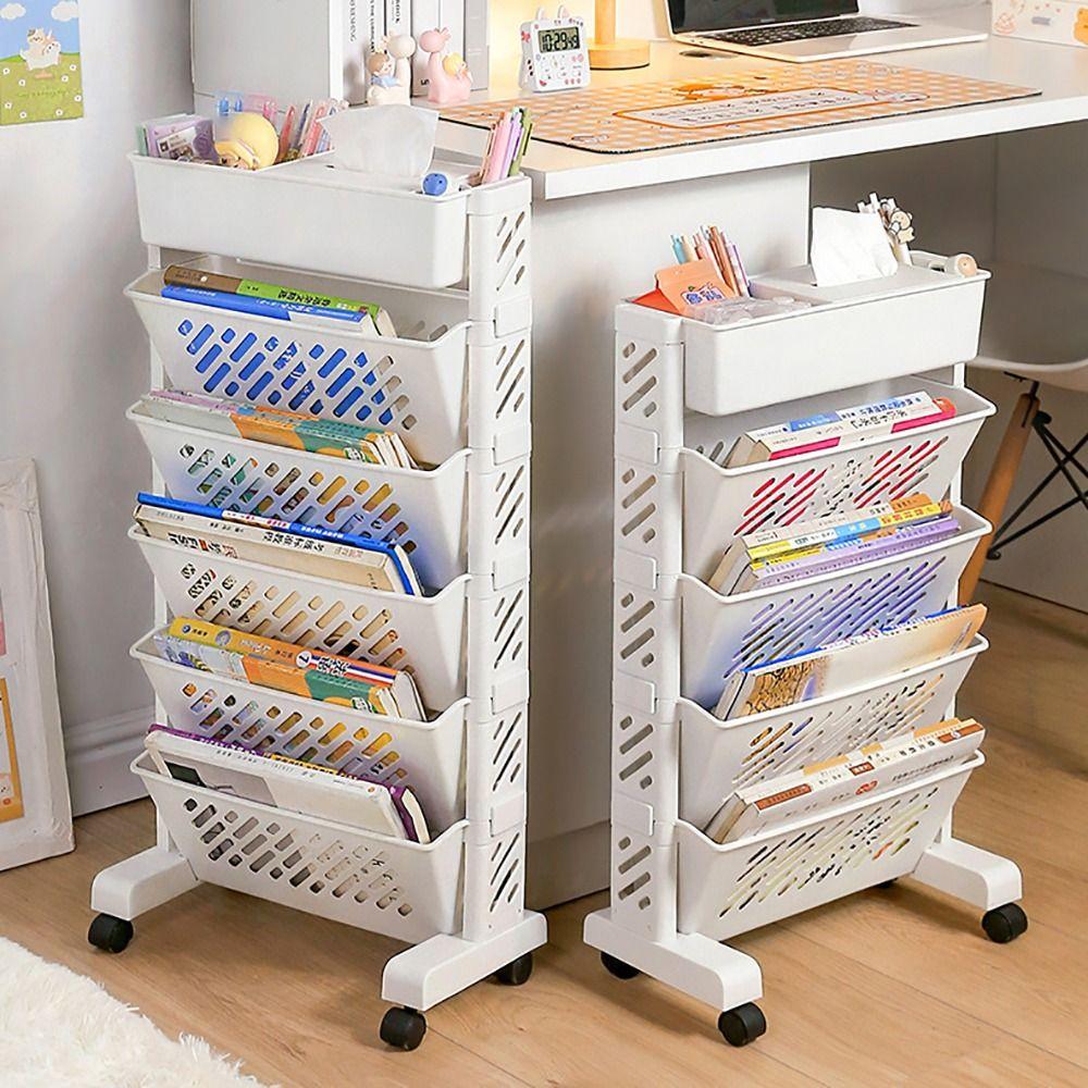 Movable Multi-Layer Bookshelf 5/6 Layers Table Side Storage Basket  Bookstore