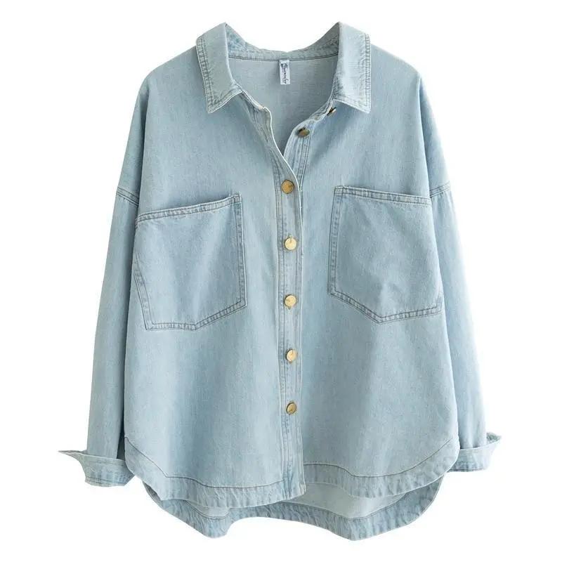 Women's Spring and Autumn Denim Shirt Jacket Ladies Long Sleeved Loose Jeans