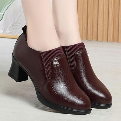 Coarse Heel Leather Shoes Soft Leather Burgundy Deep Mouth Single Shoes Autumn New Leather Shoes