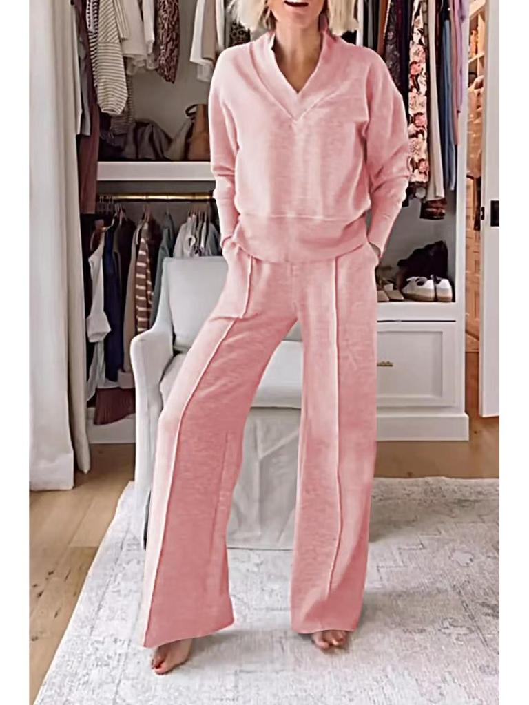 European & American Women's V-Neck Long Sleeve Top & Wide-Leg Pants Set for Autumn/Winter 2025.