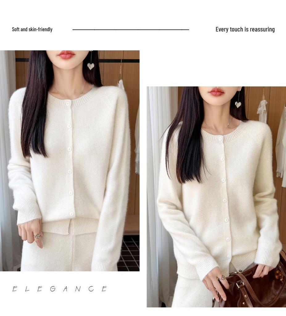 Autumn/Winter Pure Wool Seven-Stitch Crew Neck Cardigan - Thick, Long Sleeve, Solid Color, Skin-Friendly Knit Sweater
