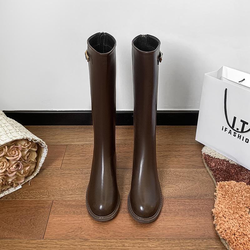 

British style autumn and winter high-end brown boots long knight boots medium heel but knee high boots women 2025 34 коричневый