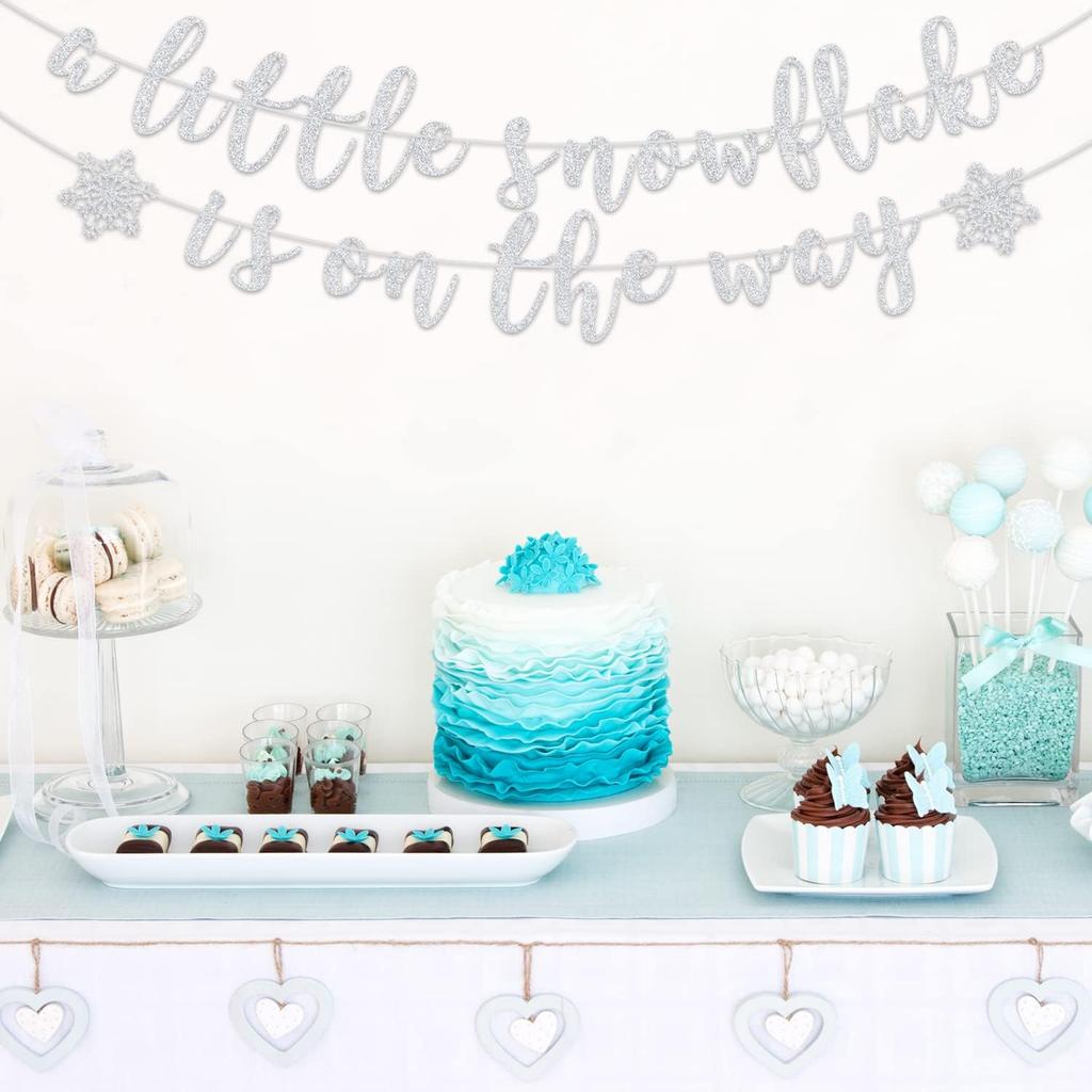 A Little Snowflake is on The Way Banner, Winter Wonderland Themed Baby Shower Party Decorations, Winter Gender Reveal Decor Silver Glitter