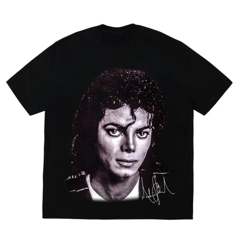 Michael Jackson Portret Gouden Handtekening T-shirt Oversized Y2k Katoen Grafisch T-shirt Unisex Unisex Streetwear Top Dames Heren Kleding