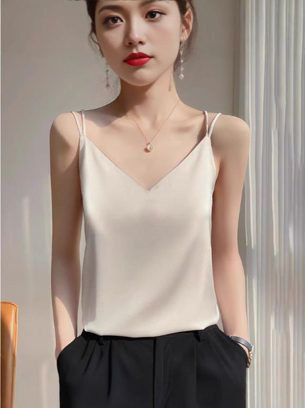 Acetate Material Sleeveless Top With Double Strap Design For Casual Women Wear