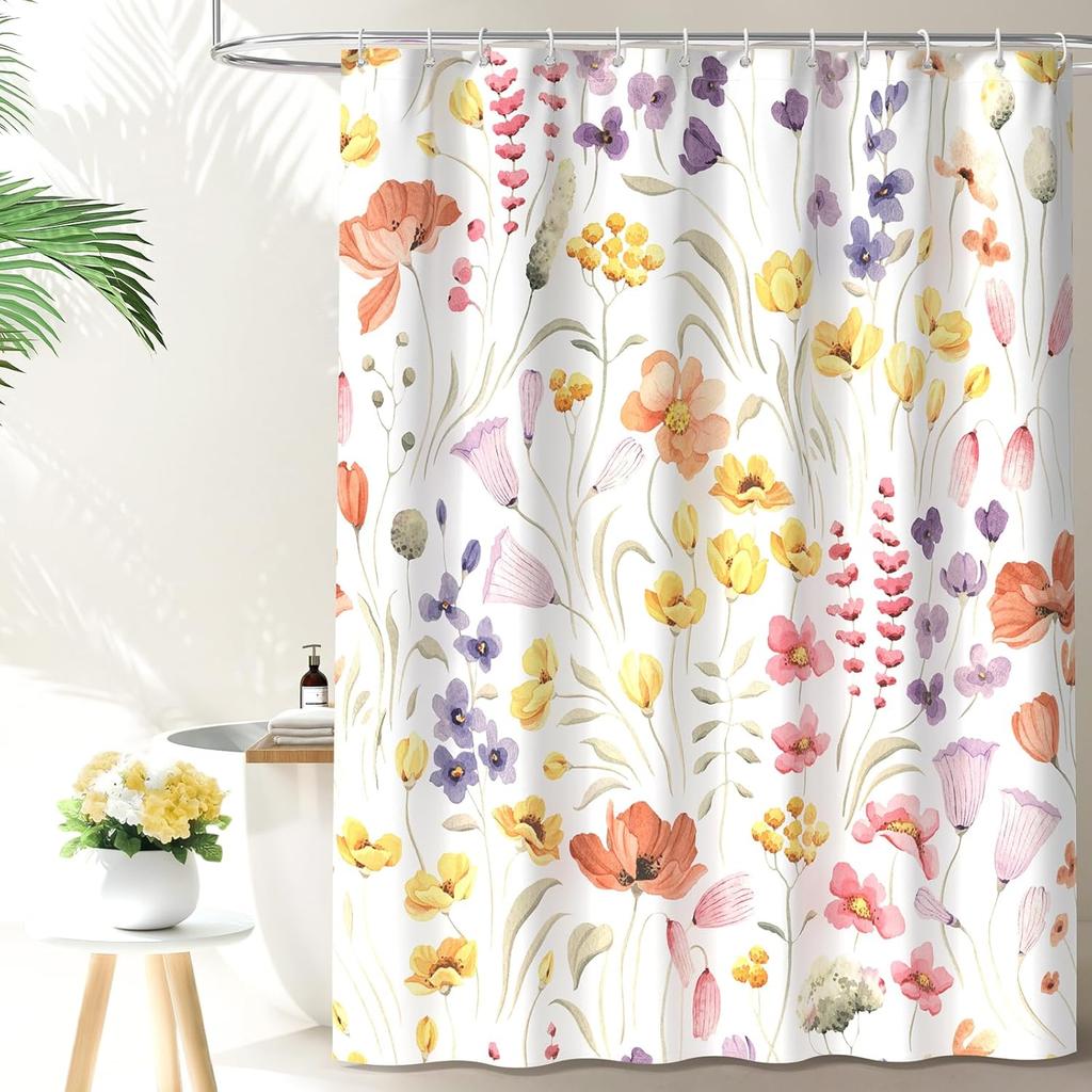 Watercolor Floral Shower Curtain, Flowers Print Spring Bathroom Curtain, Wildflowers Home Décor Machine Washable Bath Curtain