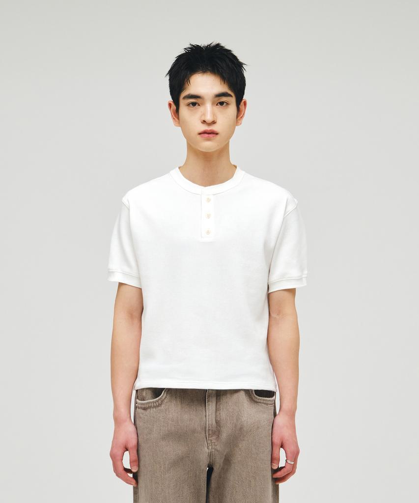 ECORR Waffle Henley Neck Crop Short Sleeve T-Shirt_Ivory