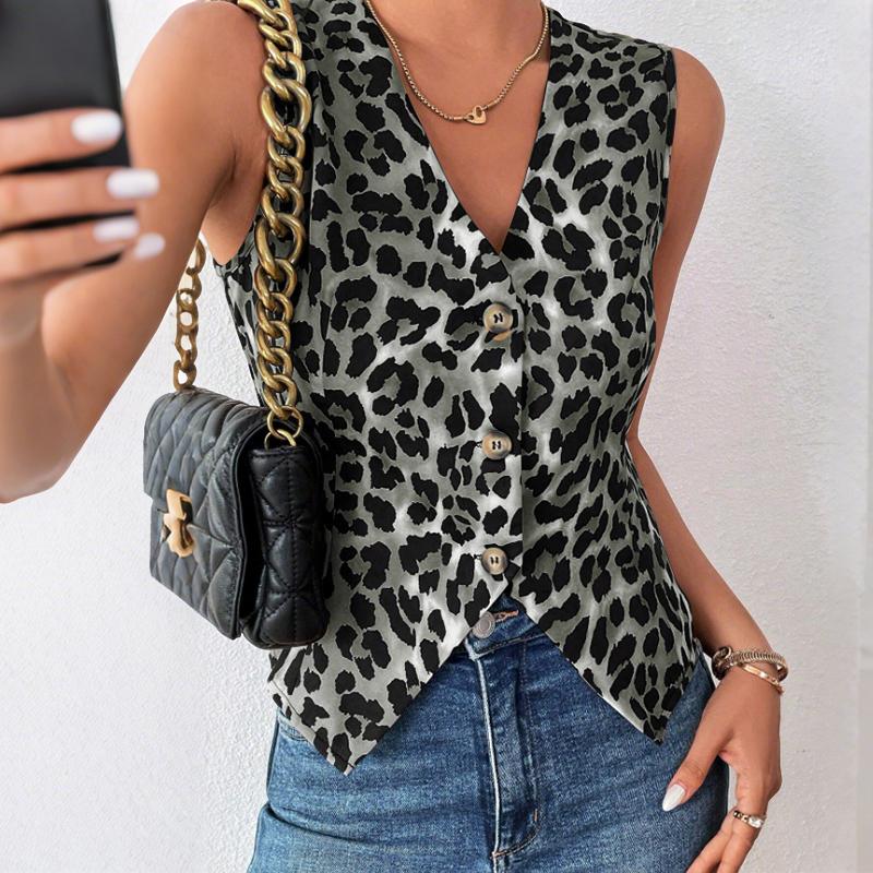 

ZANZEA Женские повседневные топы-безрукавки на пуговицах с V-образным вырезом и леопардовым принтом S серый