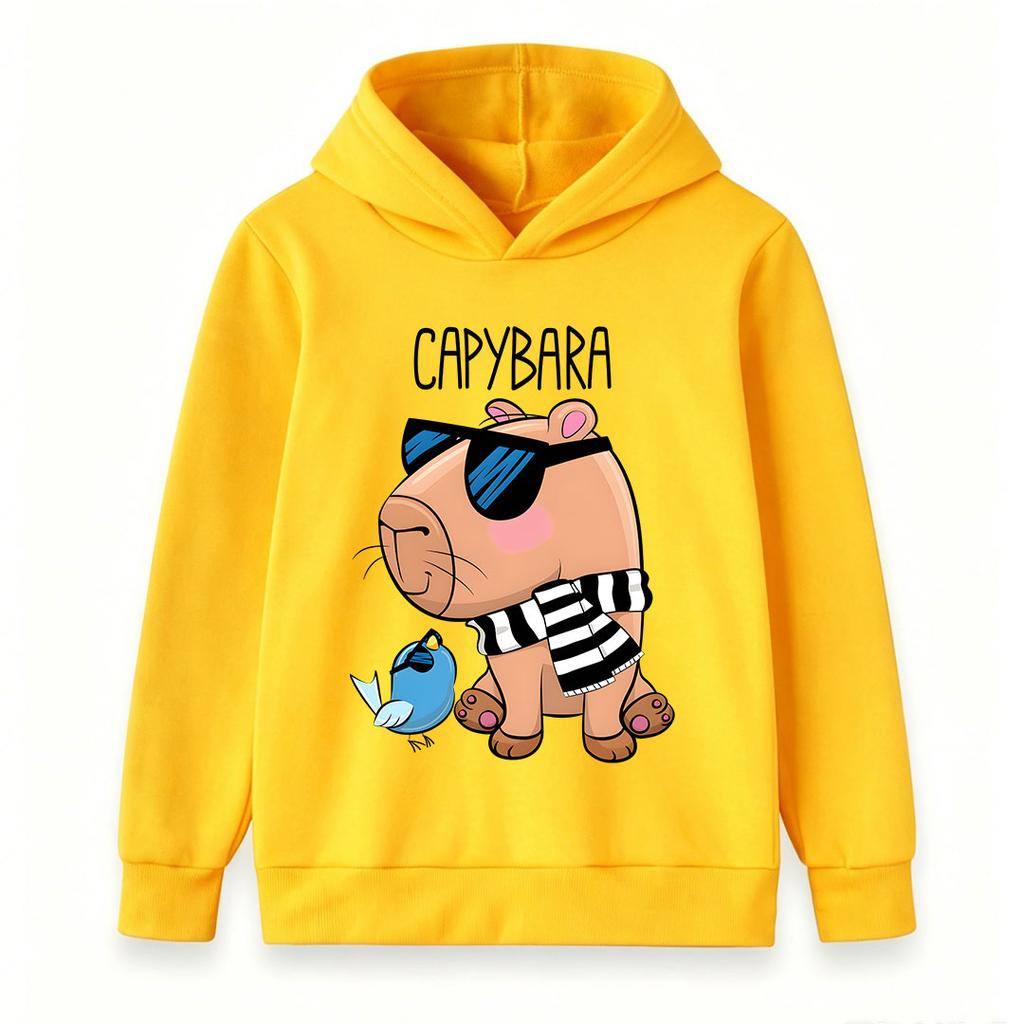 Kids Boys Girls Pullover Hoodie, Cool Capybara Wearing Sunglasses Print Casual Hooded Sweatshirt, Cute Blue Bird Pattern Soft Warm Lightweight Top