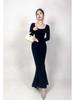 Elegant Black German Velvet Fishtail Evening Dress, Warm & Versatile, Wide Collar, Slim Fit High-End Design