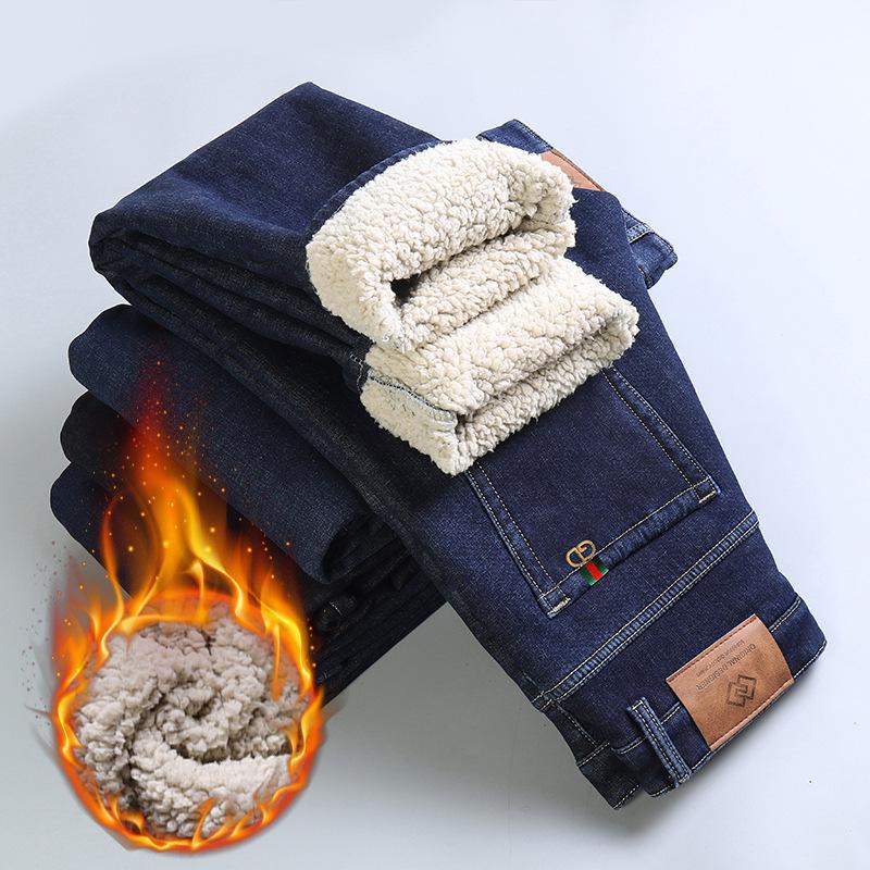 Winter Fleece Thickened Lamb Wool Jeans Straight Loose Business Large Size Elastic Thermal Casual Pants