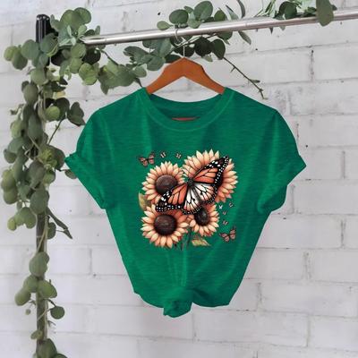 Summer New Short-sleeved Fashion T-shirts Featuring Sunflowers and Butterflies