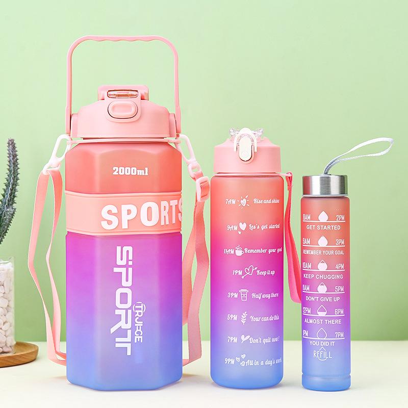 Water Bottle Gradual Change Color Large Capacity Three Piece Plastic Cup Outdoor Portable Sports Kettle with Scale Large Capacity Space Cup