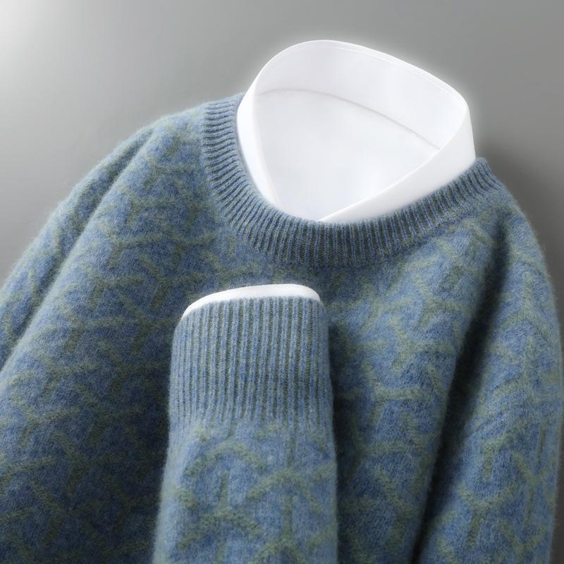 

Men s Color-Block 100% Wool Jacquard Sweater, Round Neck, Loose-Fit, Casual/Business Knit Base Layer Large