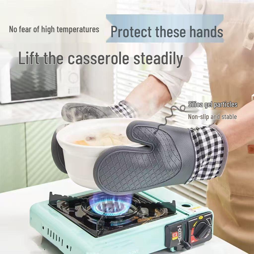 Silicone Heat-Resistant Oven Gloves: Thickened, Lengthened, Cotton-Lined for Baking & Microwave