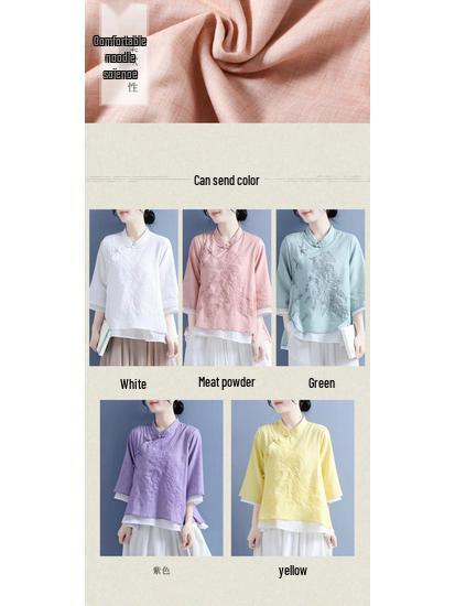 Women's Spring Cotton-Linen Top: Frog Buttons, Embroidered, Oblique Placket, 3/4 Sleeves, Pink/Yellow. Perfect for Tea Ceremonies.
