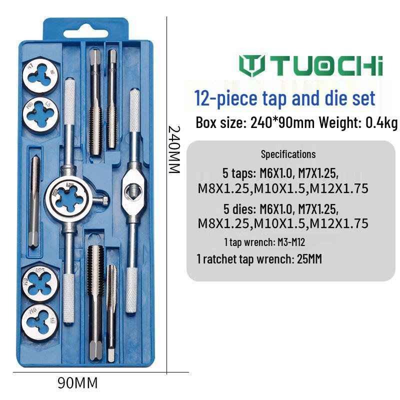 Hand Threading Tap & Die Set with Tapping Drill Bit and Wrench