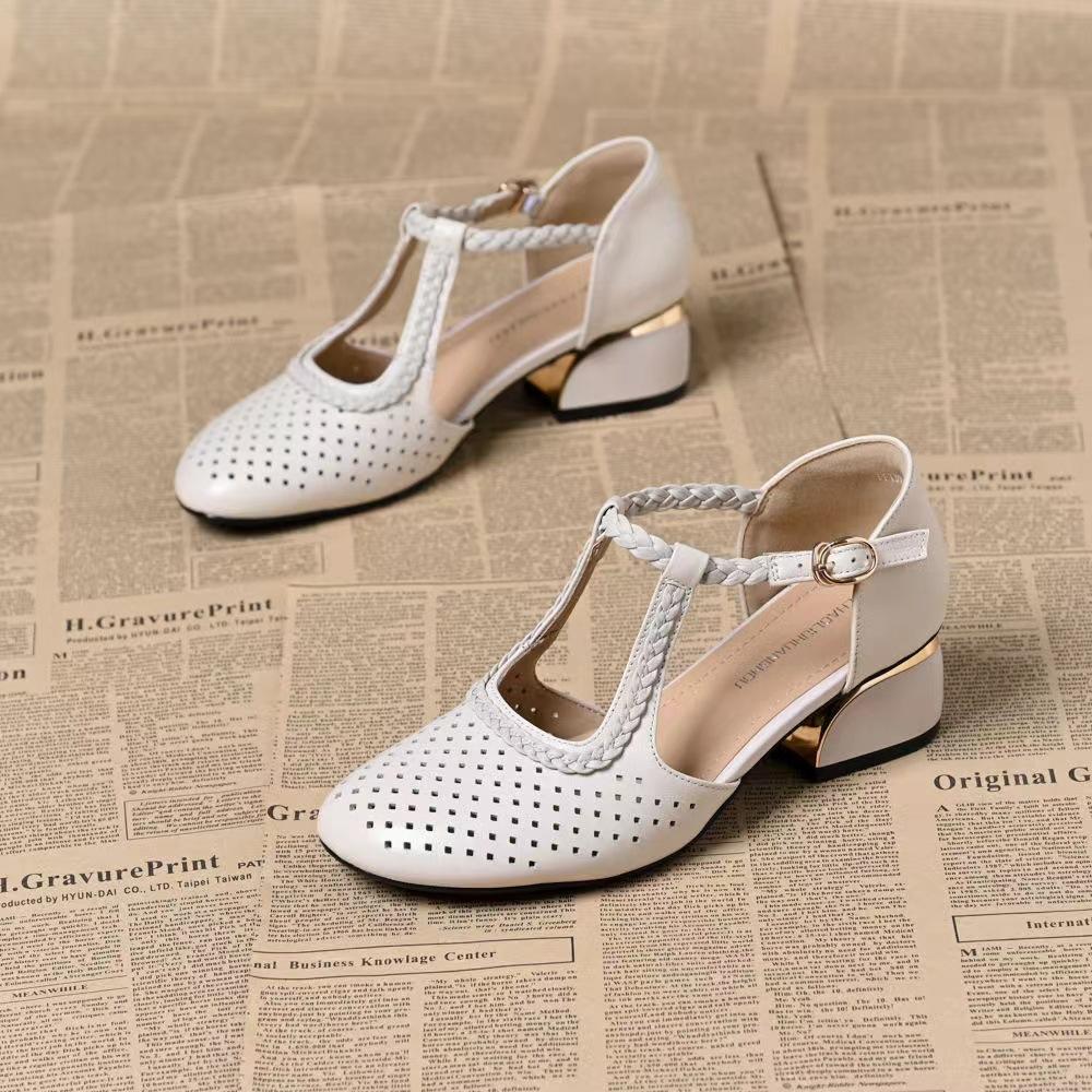 Baotou Thick-soled Thick-heeled Women's Sandals Soft Leather Outer Wear One-word Buckle Summer New Breathable Hollow Hole Shoes Sandals Women