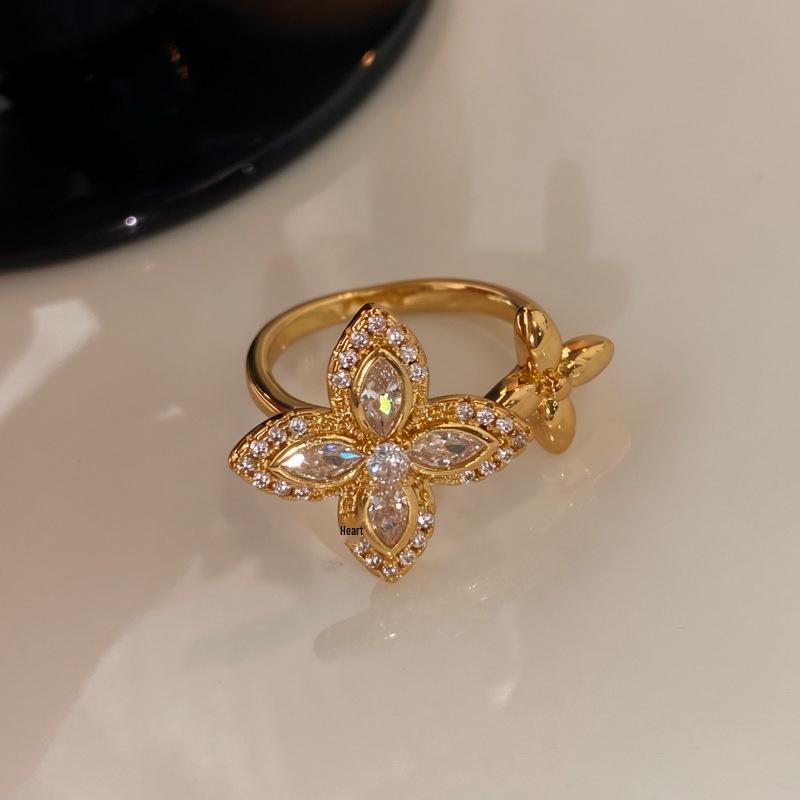 Gold Rhinestone Zirconia Flower Open Ring - Women's Luxury Adjustable Finger Ring